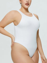 White tank bodysuit with high-cut leg and racerback detail