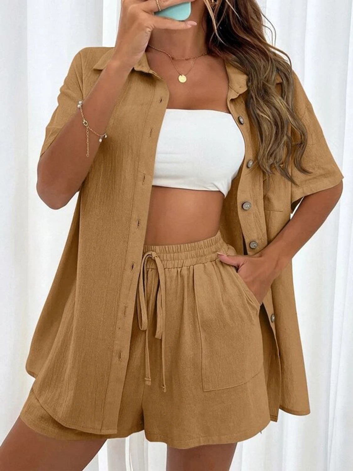 Camel linen co-ord set with button-up shirt and drawstring shorts