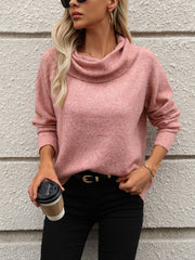 Dusty Pink cowl neck knit pullover sweater with long sleeves, styled casually.