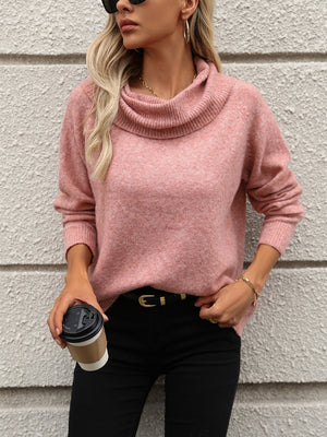 Dusty Pink cowl neck knit pullover sweater with long sleeves, styled casually.