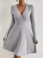 Light Gray ribbed wrap mini dress with V-neck and A-line skirt.