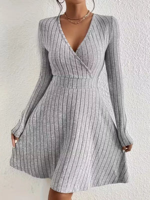 Light Gray ribbed wrap mini dress with V-neck and A-line skirt.