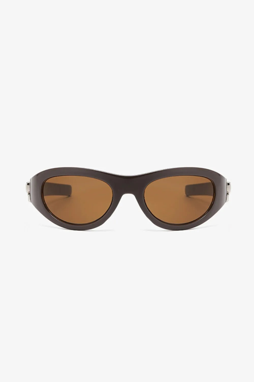 Sporty shield sunglasses in coffee brown with brown lenses and a bow accent.
