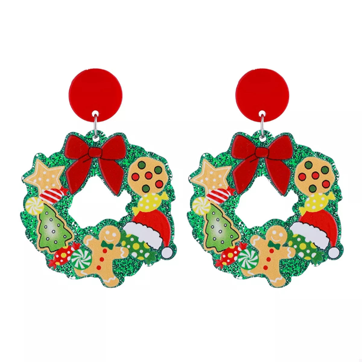 Festive Christmas wreath dangle earrings with gingerbread men, trees, and candy.