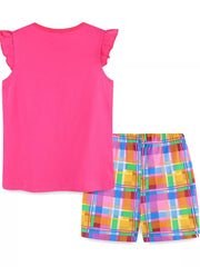 Pink toddler t-shirt with ruffled sleeves and plaid shorts.