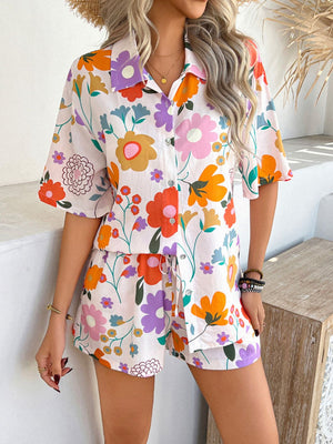 Coastal Tile Print Co-ord Set with button-up shirt and drawstring shorts in multicolor floral pattern.