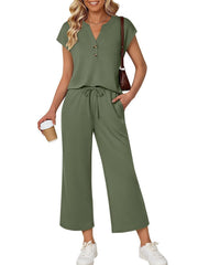 Army green notched V-neck top with drawstring wide-leg pants set