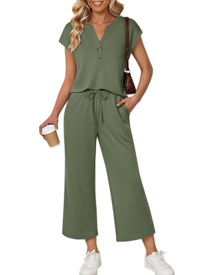 Army green notched V-neck top with drawstring wide-leg pants set