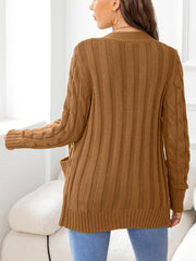 Camel textured cable-knit pocket cardigan with ribbed details and open front.