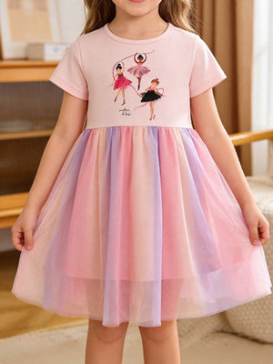 Ballerina graphic pink cotton dress with colorful tulle skirt.