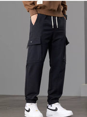 Men S Casual Cargo Pants With Drawstring Waist in Khaki, model styling view