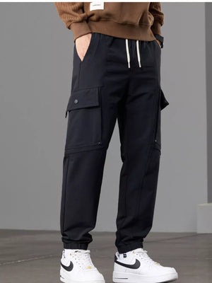 Men S Casual Cargo Pants With Drawstring Waist in Khaki, model styling view