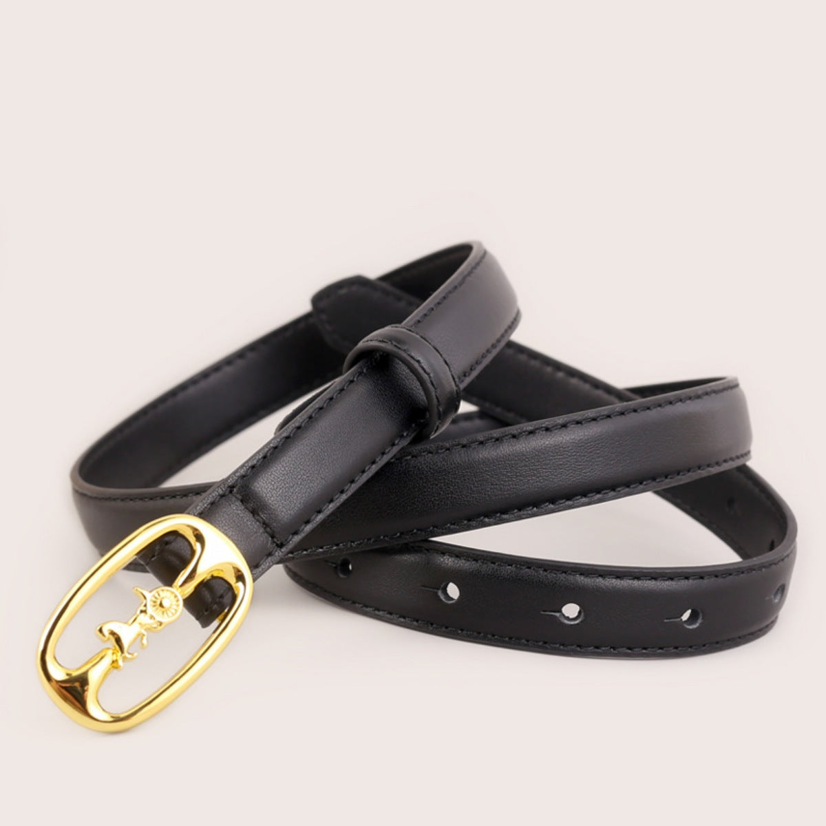Black cowhide leather belt with gold horse carriage buckle detail