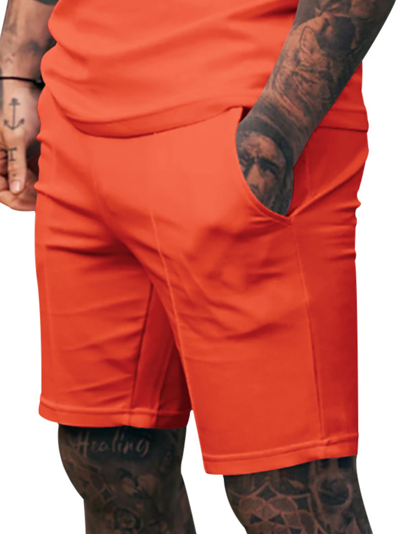 Orange Red men's casual chino shorts with adjustable drawstring and side pockets.
