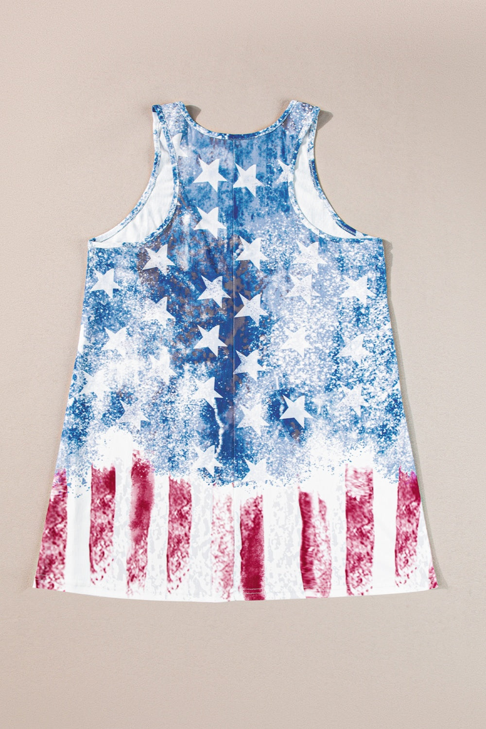 Distressed Americana tank top in dusty blue with stars and stripes pattern.