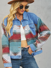Southwestern denim jacket in dusty blue with patchwork pattern, buttoned front and chest pockets.