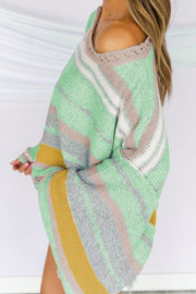 Open-shoulder striped knit pullover in Gum Leaf with a boatneck and crochet trim detail.
