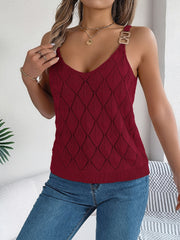 Burgundy diamond knit tank top with buckle straps and V-neck