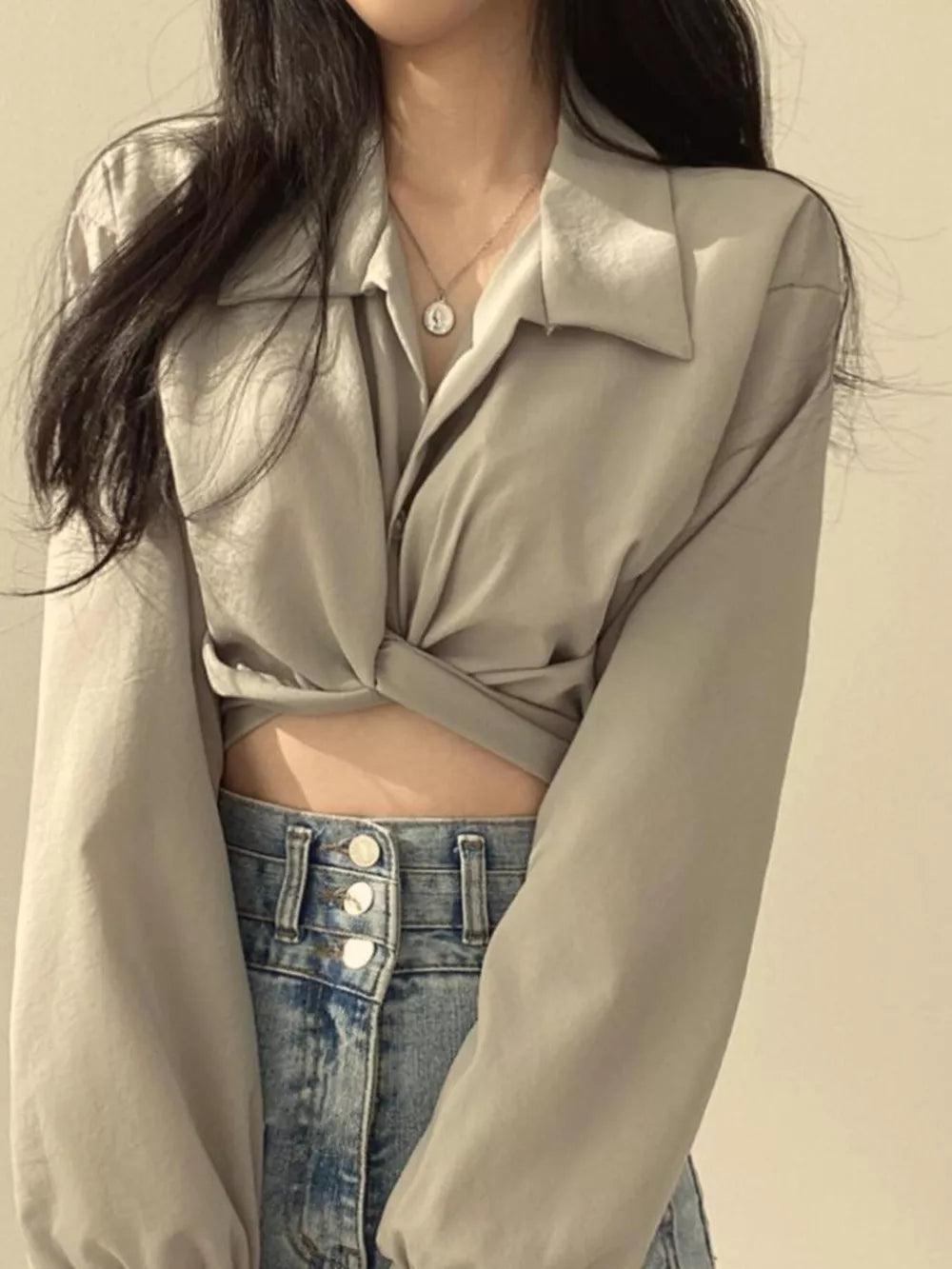 Grey long sleeve maternity shirt with twisted knot front detail