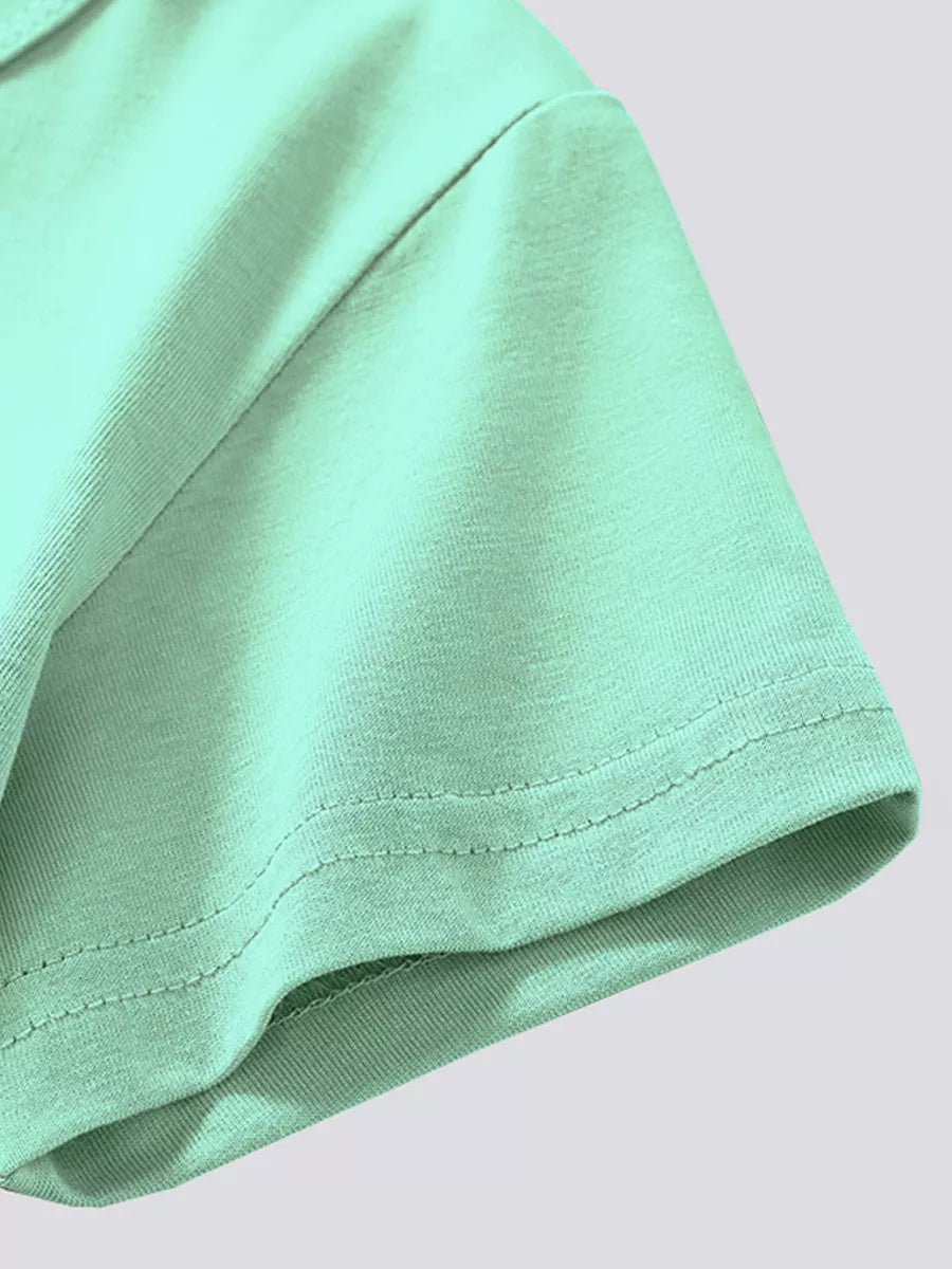 Toddler mint green cotton blend t-shirt sleeve detail with double-stitched hem.