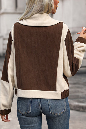 Colorblock corduroy fleece jacket in chocolate and beige with a relaxed fit.