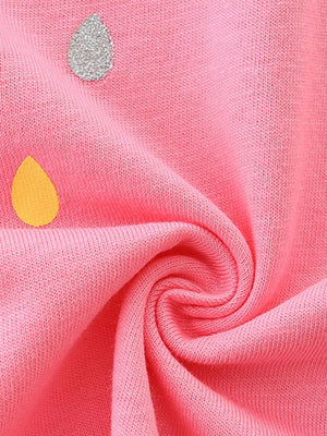 Pink cotton baby tee with yellow and silver glitter raindrop print.