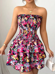 Strapless Smocked Floral Tiered Mini Dress in Color, side view