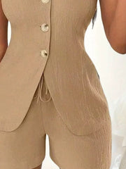 Tan button-down vest and shorts set with drawstring detail