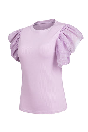 Lavender ribbed top with sheer polka dot puff sleeves