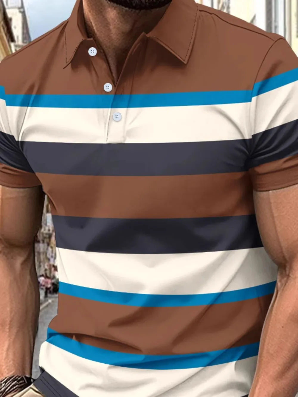 Men's short sleeve polo shirt in caramel with bold horizontal stripes of navy, white, and blue.