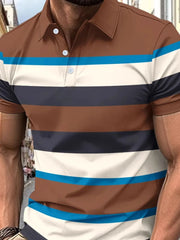 Men's short sleeve polo shirt in caramel with bold horizontal stripes of navy, white, and blue.