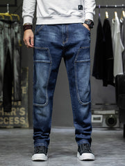 Men's dark blue 100% cotton cargo jeans with relaxed fit and utility pockets.