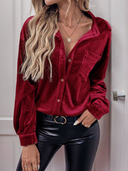 Burgundy velvet blouson sleeve button-up shirt with a pocket