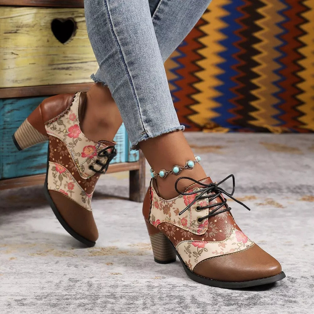 Floral patchwork lace-up ankle boots in brown with a block heel.