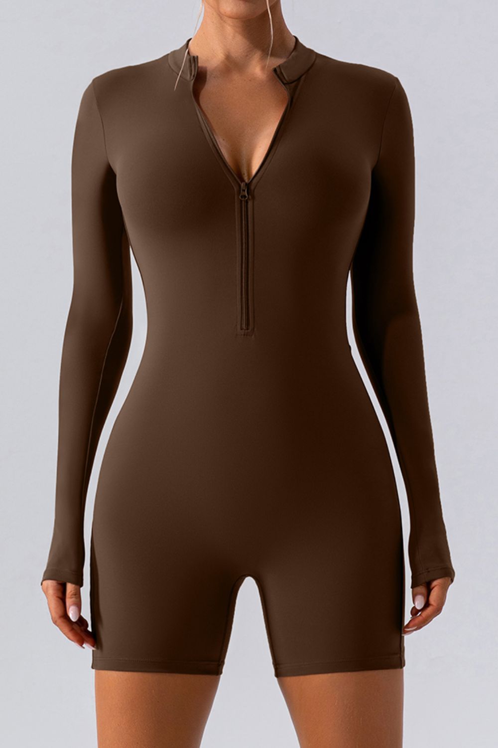 Chocolate long sleeve romper with zip detail and short legs