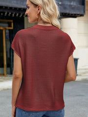 Burgundy knit cap sleeve top with vertical seam detail.