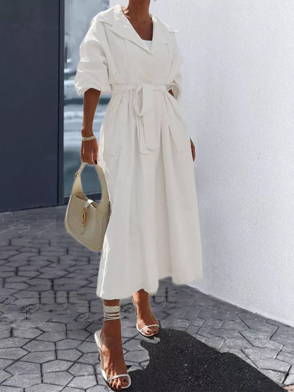 White lapel collar midi dress with tie waist and cuffed sleeves