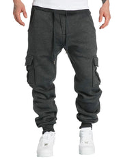 Dark gray cargo joggers with cuffed ankles and multiple pockets.