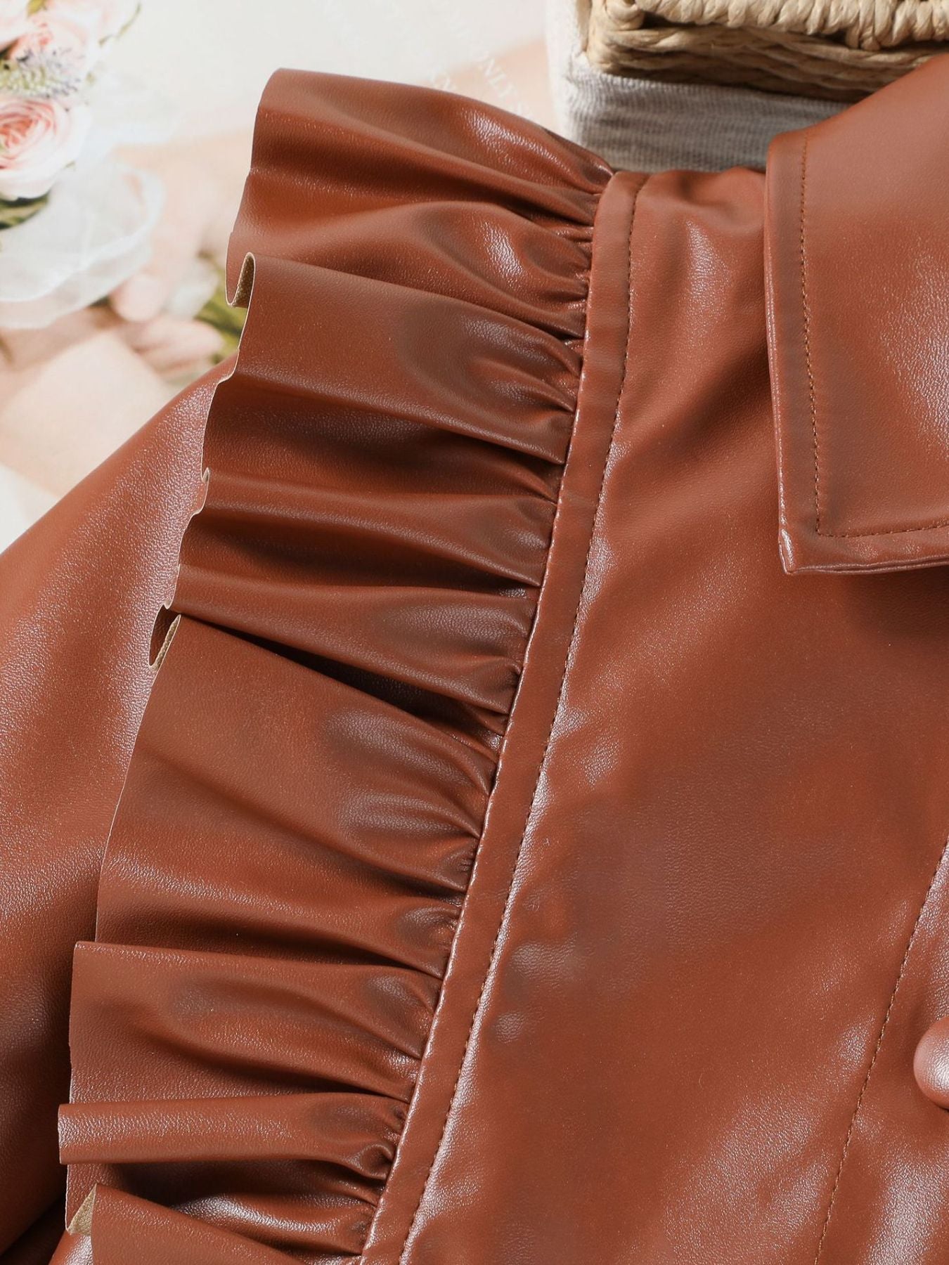 Brown faux leather toddler set with ruffled collar detail