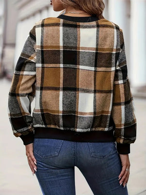 Plaid bomber jacket in caramel with ribbed cuffs and collar detail.