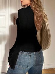 Black maternity t-shirt with lettuce edge detail on sleeves and hem.