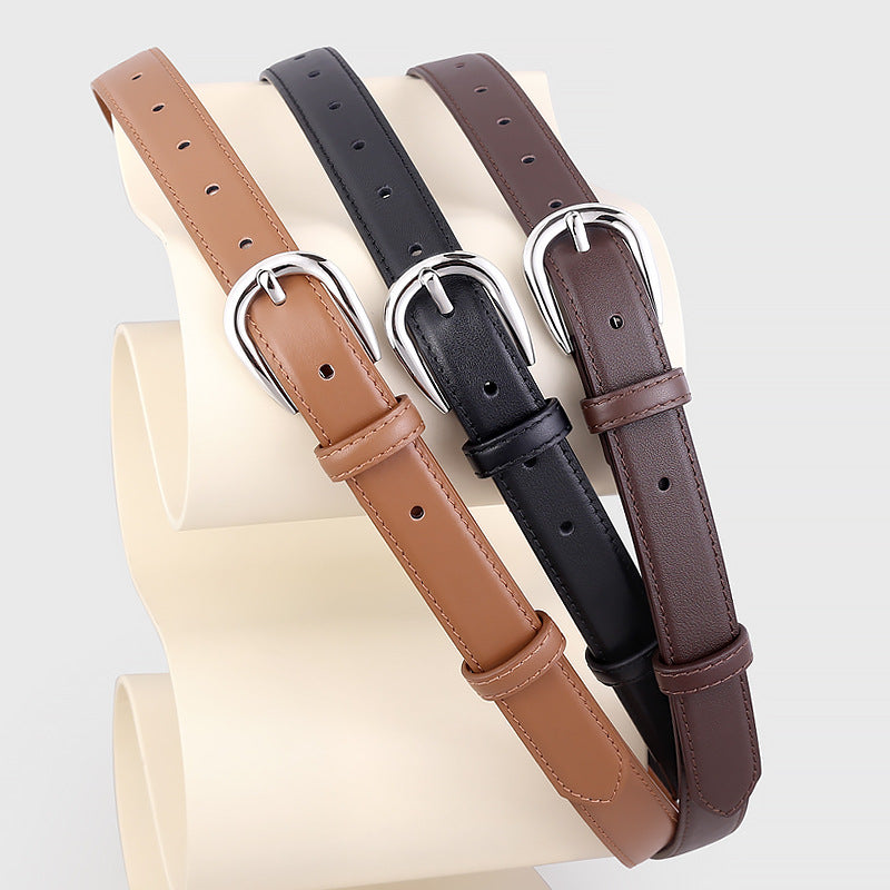Buckle skinny leather belts in brown, black, and coffee brown with silver buckles.