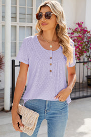 Lavender eyelet yoke gathered henley shirt with short sleeves and button detail