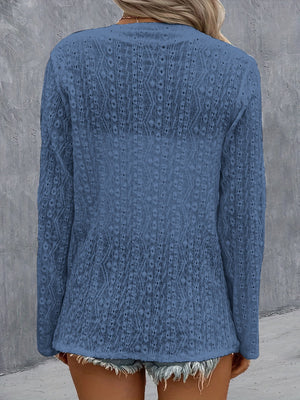 Dusty Blue open-weave long sleeve cardigan with intricate patterned knit detail.