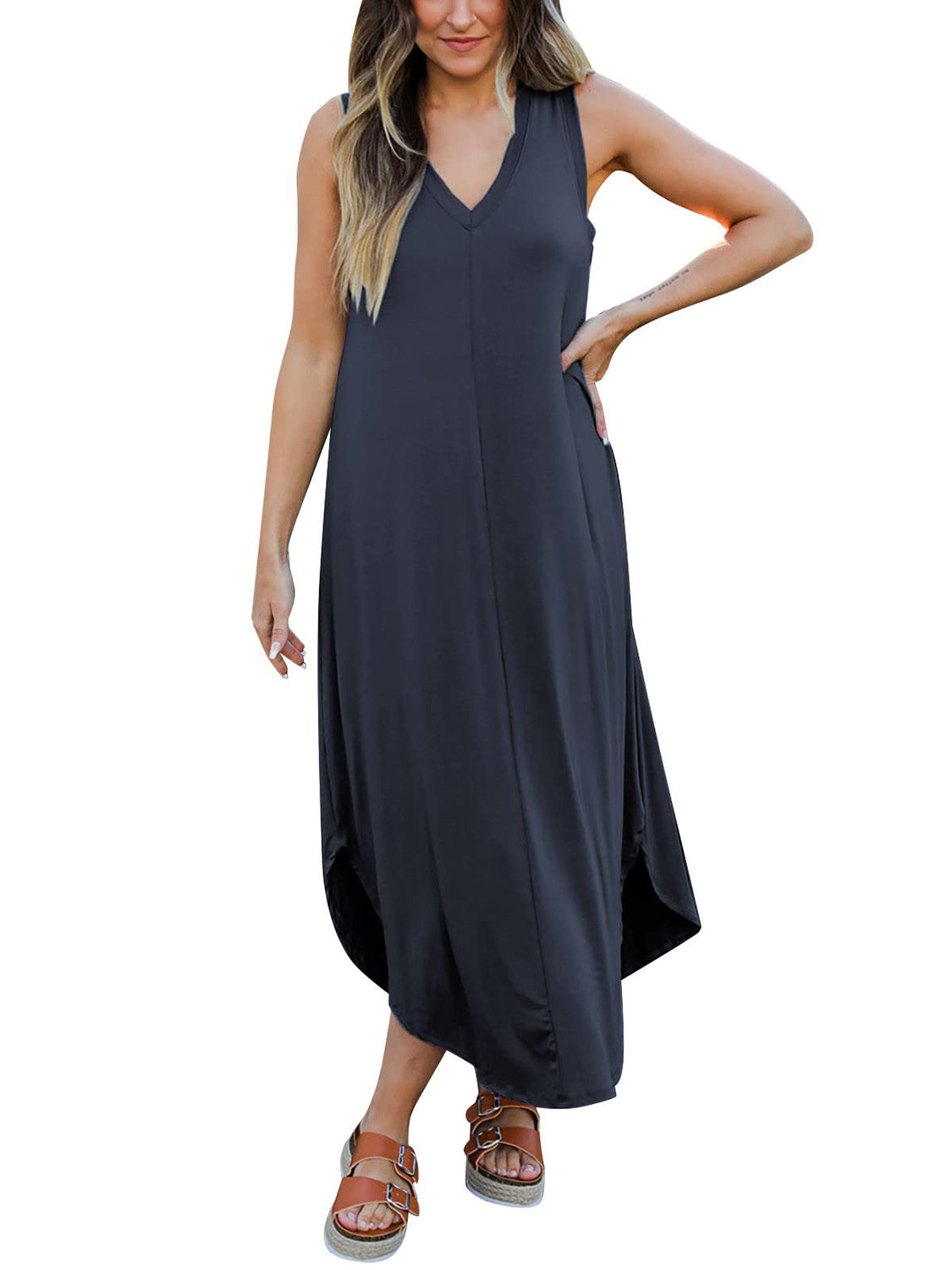 Dark Gray tank midi dress with v-neck and asymmetrical hemline.