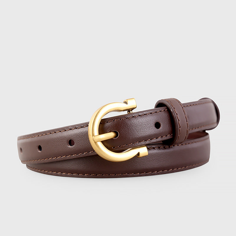 Brown cowhide leather belt with a gold buckle and stitched edges.