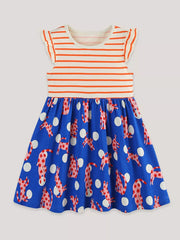 Toddler cotton dress with orange stripes and playful cat print skirt.