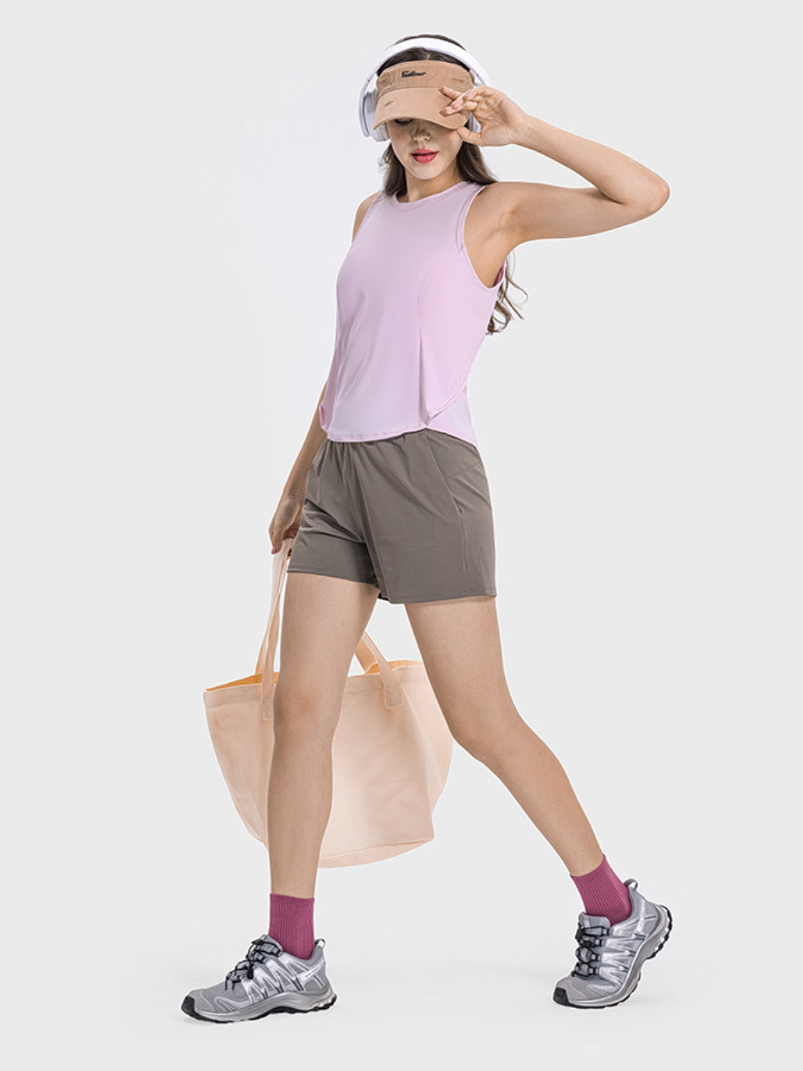 Lilac Cross-Back Performance Tank top with subtle side perforations.