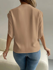 Khaki cape sleeve blouse with lace trim detail, 100% polyester.