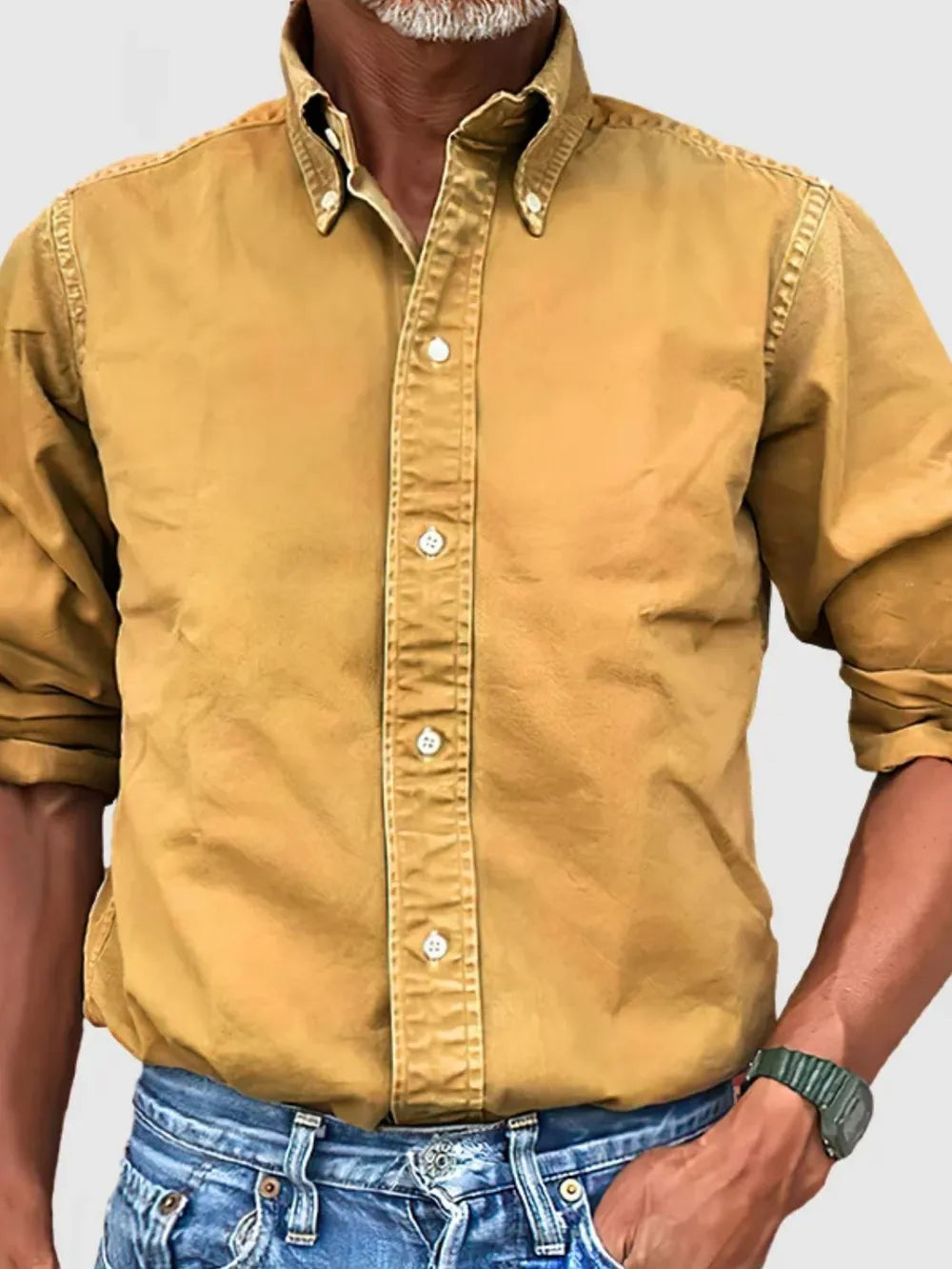 Gold Oxford button-down shirt with relaxed fit and button collar.